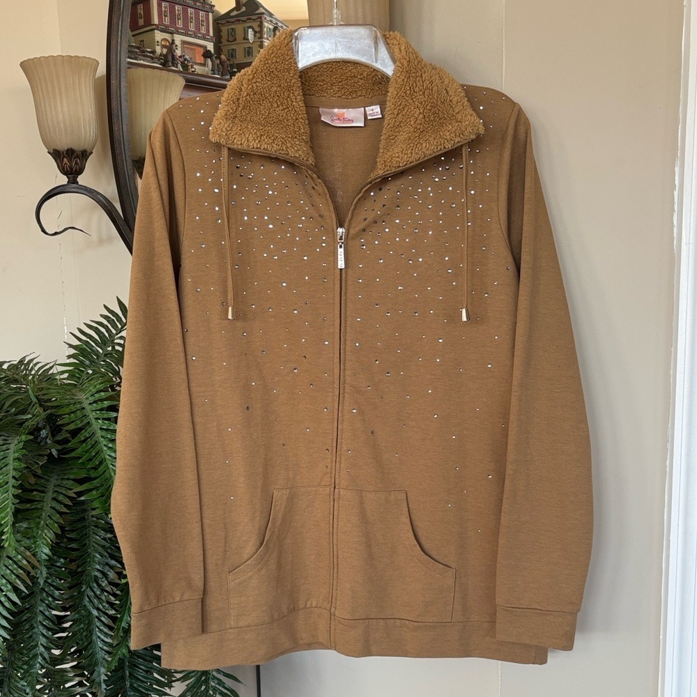 Quaker Factory Embellished Sparkle Zip Front Jacket Fleece Neck Caramel Casual